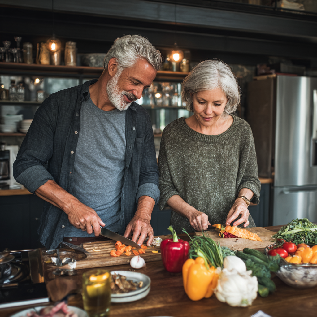 Mature adults preparing nutritious meals together in modern kitchen
