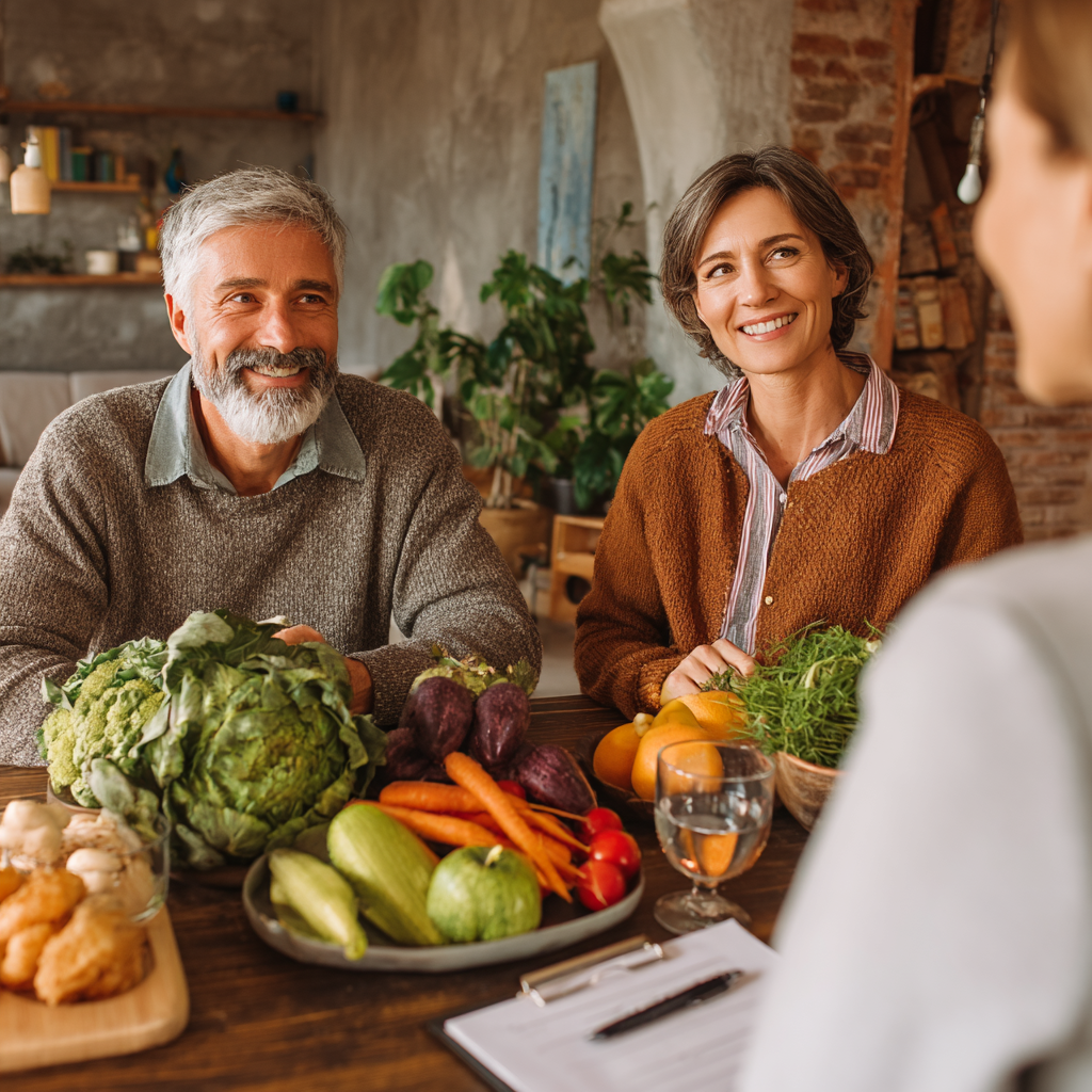 Professional nutritionist consulting with middle-aged couple about healthy eating habits
